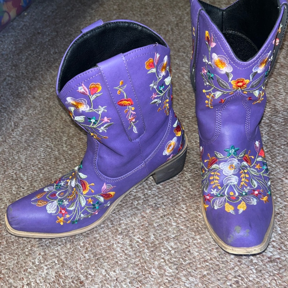 purple mid calf bootie floral design western boots